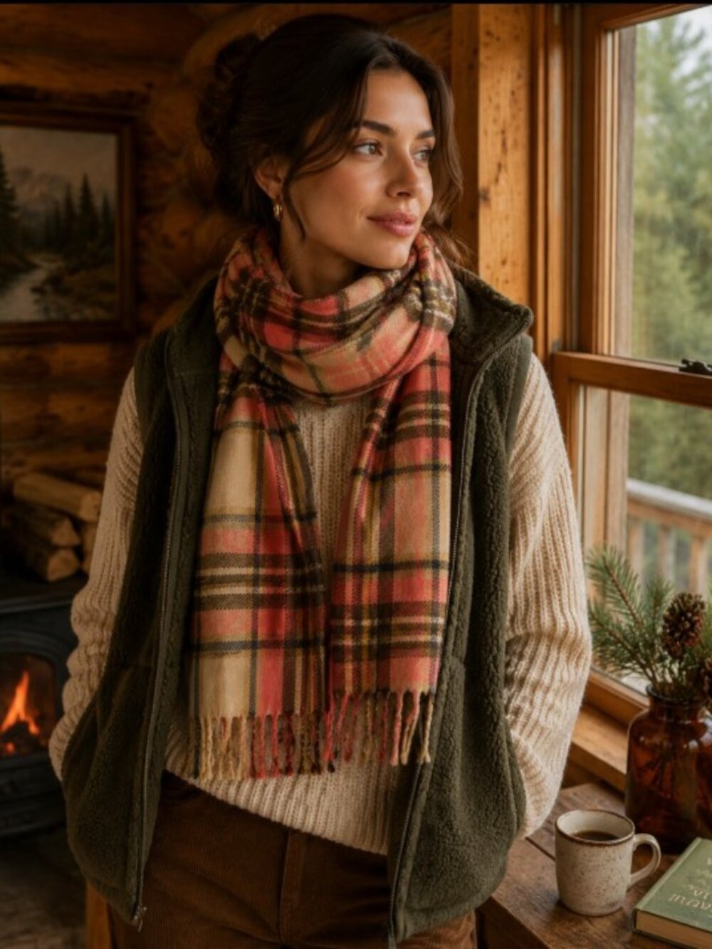 Soft Cozy Knit Scarf Plaid Orange Beige Design Size OS